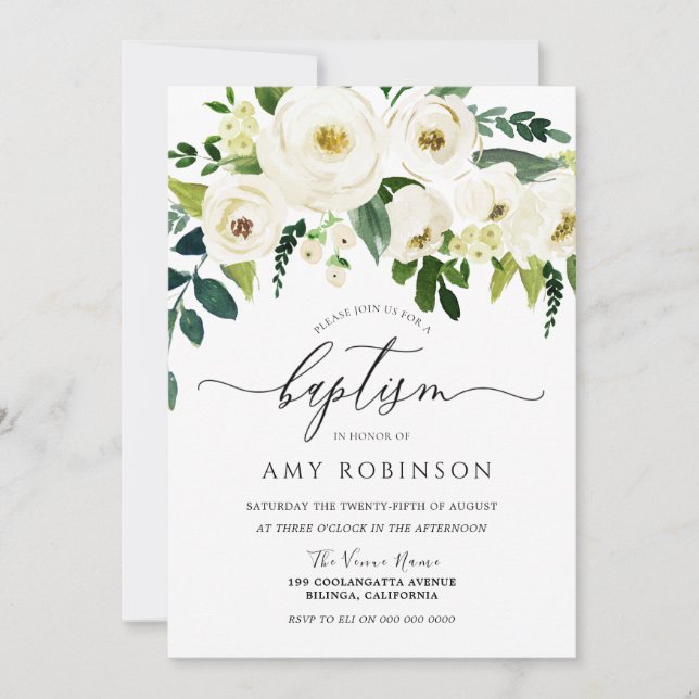 Champagne White Flowers Elegant Baptism Invitation (Front)