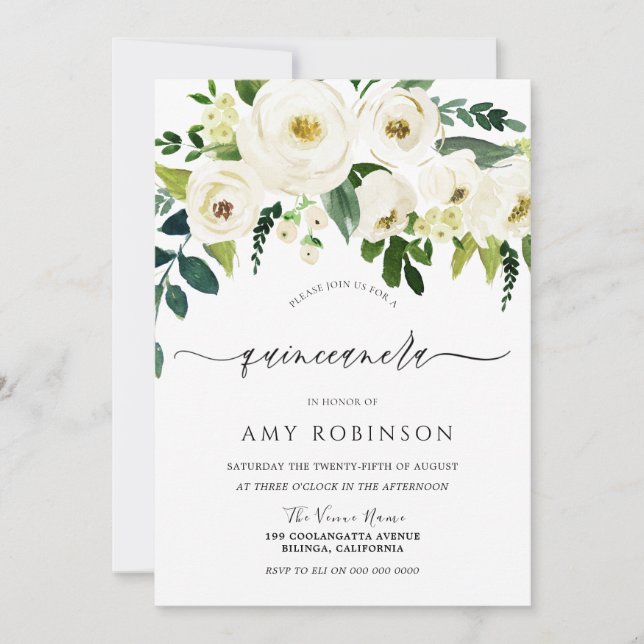 Champagne White Flowers Elegant Quinceanera Party Invitation (Front)