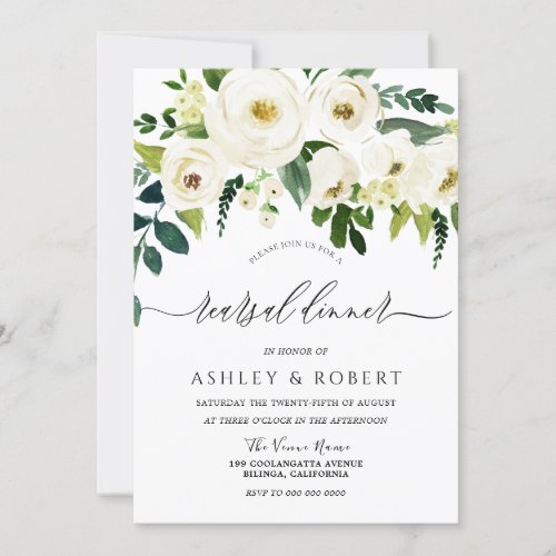 Champagne White Flowers Elegant Rehearsal Dinner Invitation