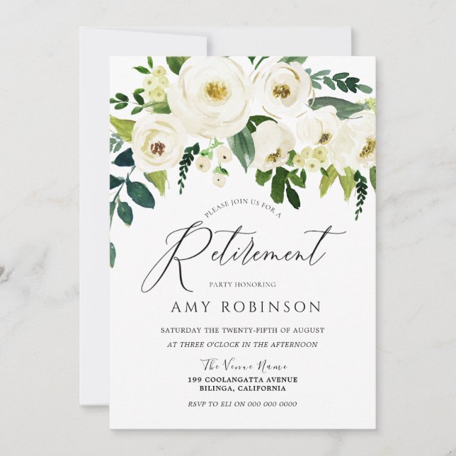 Champagne White Flowers Elegant Retirement Party Invitation (Front)