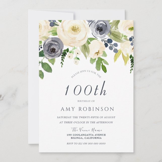 Champagne White & Navy Floral 100th Birthday Party Invitation (Front)