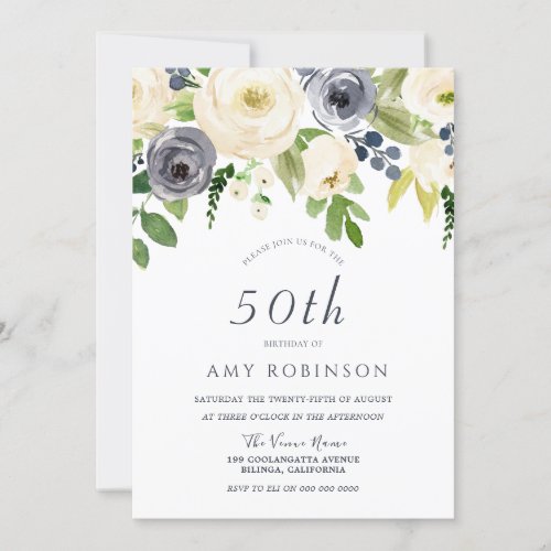 Champagne White  Navy Floral 50th Birthday Party Invitation