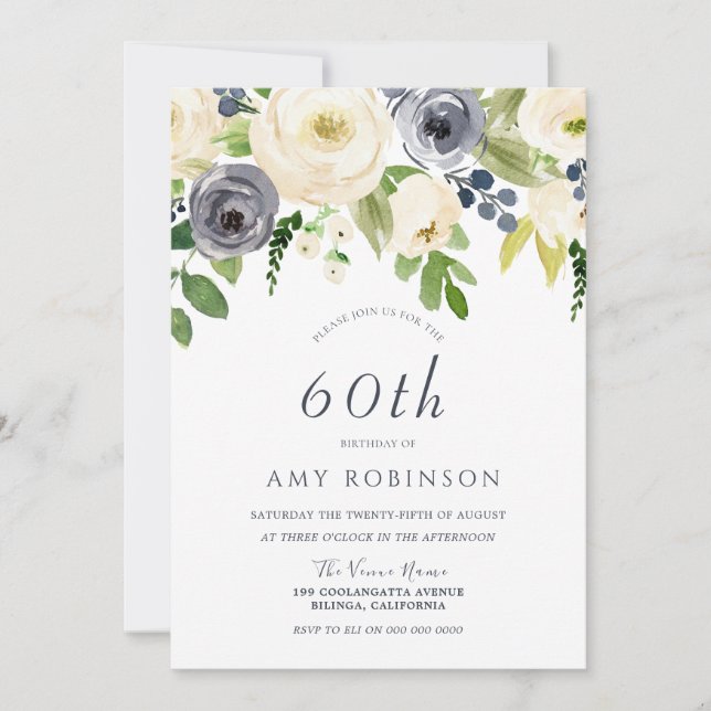 Champagne White & Navy Floral 60th Birthday Party Invitation (Front)