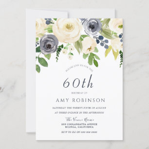 Champagne White & Navy Floral 60th Birthday Party Invitation
