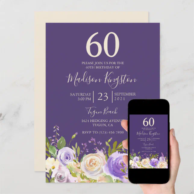 Champagne White Rose Purple 60th Birthday Party Invitation | Zazzle