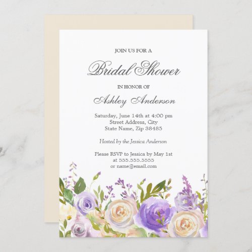 Champagne White Rose Purple Floral Bridal Shower Invitation