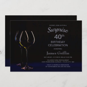 Champagne Wine Black Blue Surprise 40th Birthday Invitation