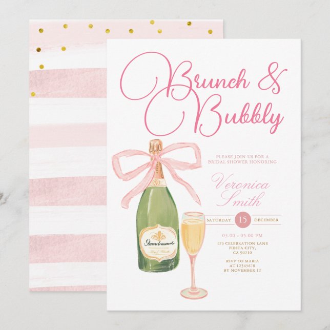 Champagne Wine Pink Bow Bridal Shower Invitation (Front/Back)