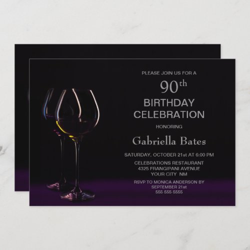 Champagne Wine Purple 90th Birthday Party Invitation