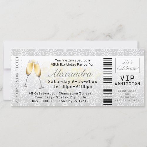 Champagne Womens 40th Birthday Party Ticket Invitation