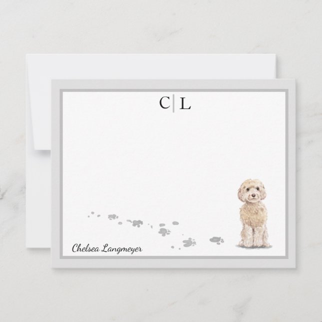 Champaign Cockapoo Dog Gray Border Monogram Name Note Card (Front)