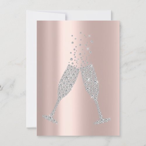 Champaigne Bubbles Glass Silver Gray Diamond Pink Invitation