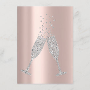 Champaigne Bubbles Glass Silver Gray Diamond Pink Invitation