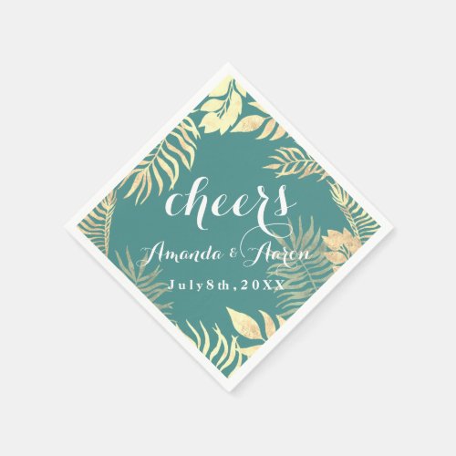 Champaigne Faux Gold Leafs Teal White Cheers Napkins