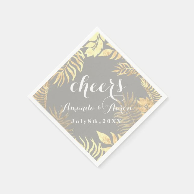 Champaigne Faux Gold Leafs White Floral Cheers Napkins (Corner)
