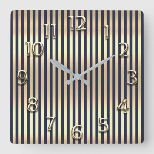 Champaigne Gold Arabic Number Blue Navy Stripes Square Wall Clock