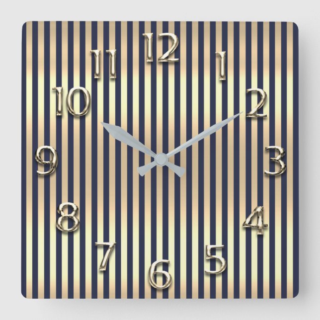 Champaigne Gold Arabic Number Blue Navy Stripes Square Wall Clock (Front)