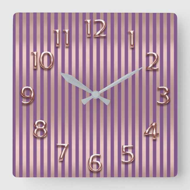 Champaigne Gold Arabic Number Purple Stripes Square Wall Clock (Front)