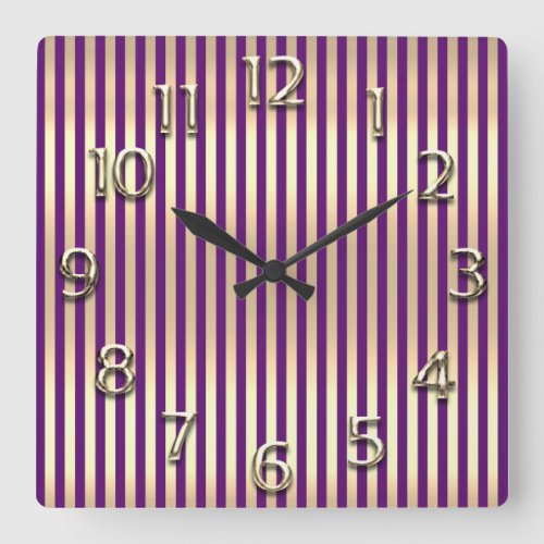 Champaigne Gold Arabic Number Violet Plum Stripes Square Wall Clock