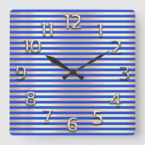 Champaigne Gold Arabic Numbers Blue Indigo Stripes Square Wall Clock