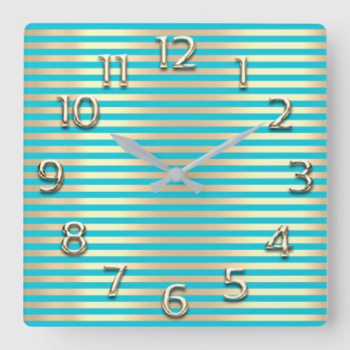 Champaigne Gold Arabic Numbers Blue Ocean Stripe Square Wall Clock