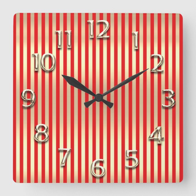 Champaigne Gold Arabic Numbers Bright Red Stripes Square Wall Clock (Front)