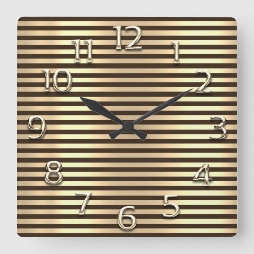 Champaigne Gold Arabic Numbers Brown Line Stripes Square Wall Clock