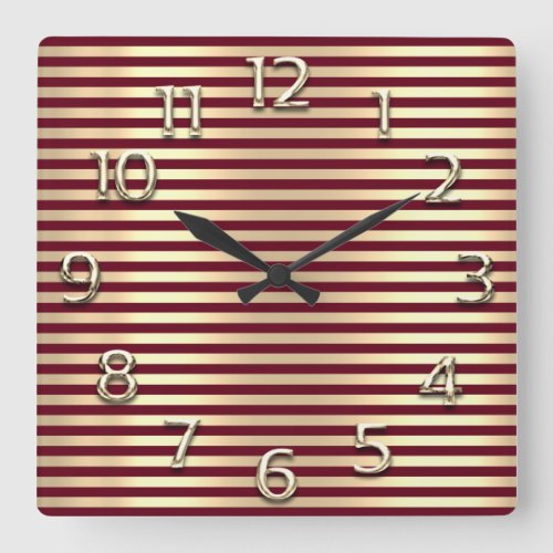 Champaigne Gold Arabic Numbers Burgundy Stripes Square Wall Clock