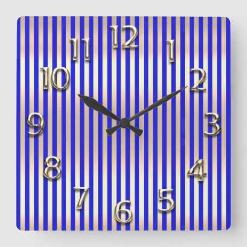 Champaigne Gold Arabic Numbers Cobalt Blue Stripes Square Wall Clock