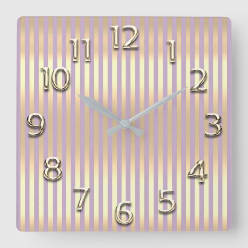 Champaigne Gold Arabic Numbers Lavender Stripes Square Wall Clock