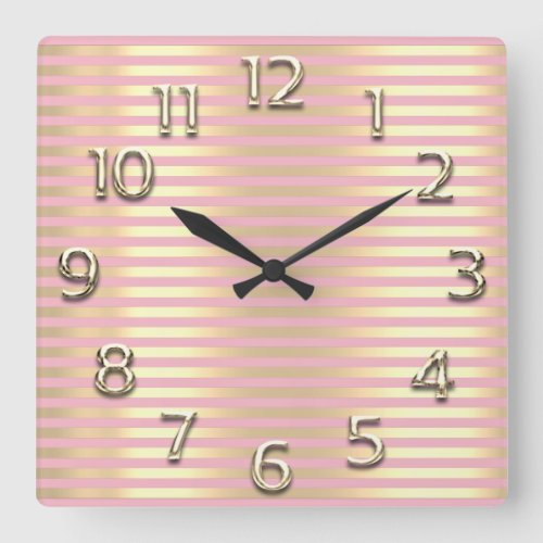 Champaigne Gold Arabic Numbers Pink Lines Stripes Square Wall Clock