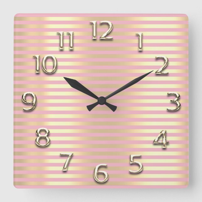 Champaigne Gold Arabic Numbers Pink Lines Stripes Square Wall Clock (Front)
