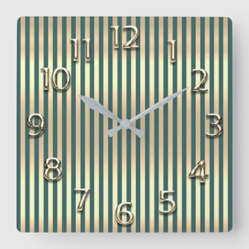 Champaigne Gold Arabic Numbers  Teal Green Stripes Square Wall Clock