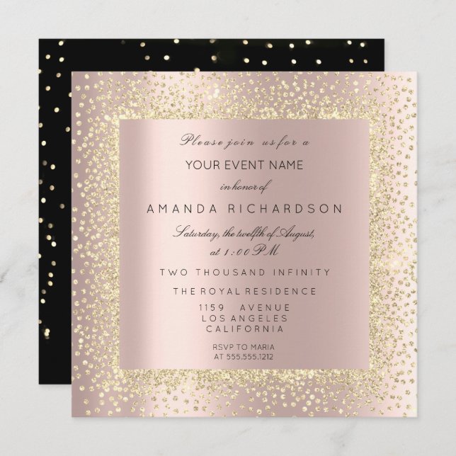 Champaigne Gold Black Confetti Sepia Glitter Rose Invitation (Front/Back)