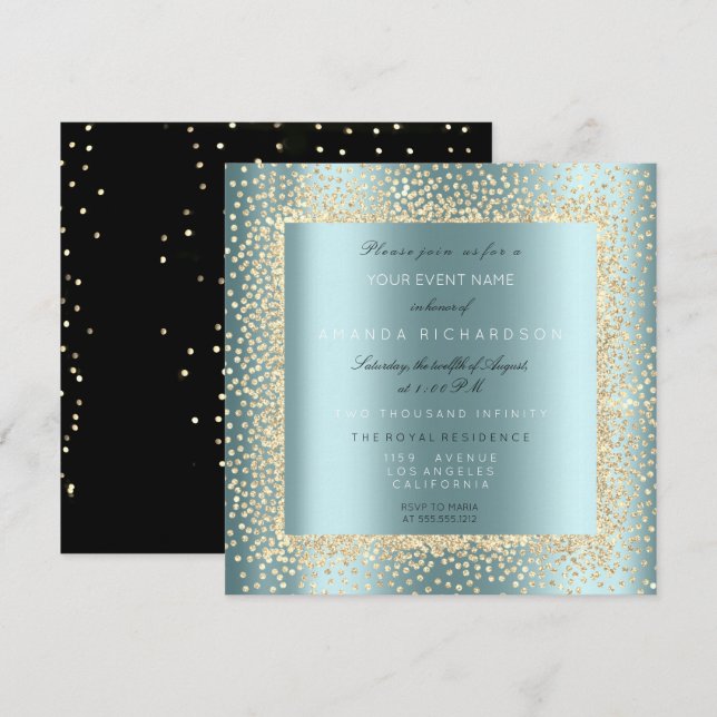 Champaigne Gold Glitter Black Aqua Blue Confett Invitation (Front/Back)