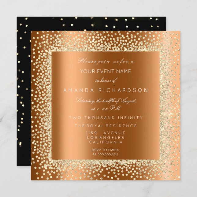 Champaigne Gold Glitter Black Confetti Honey VIP Invitation (Front/Back)