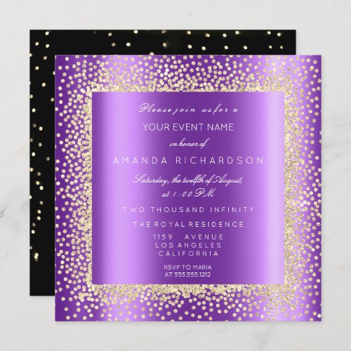 Champaigne Gold Glitter Black Confetti Purple Plum Invitation