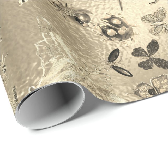 Champaigne Gold Meadow Butterfly Insects Gems Wrapping Paper (Roll Corner)