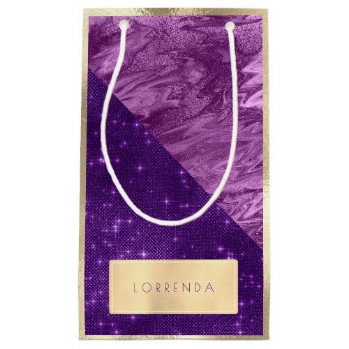 Champaigne Gold Purple Violet Marble Name Bridal Small Gift Bag