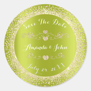 Champaigne Green Gold Glitter Save the Date Hearts Classic Round Sticker