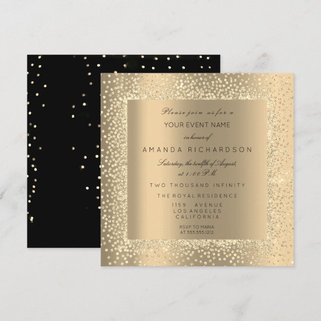 Champaigne Sepia Gold Glitter Black Confetti VIP Invitation (Front/Back)