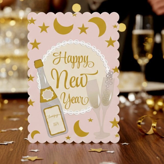 Champange Pink And Gold New Years Card (Cute customizable in shades of pink, gold and silver that is just perfect for that special someone)