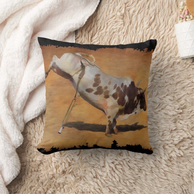 Champion Bucking Rodeo Bull on faux Parchment Throw Pillow (Blanket)