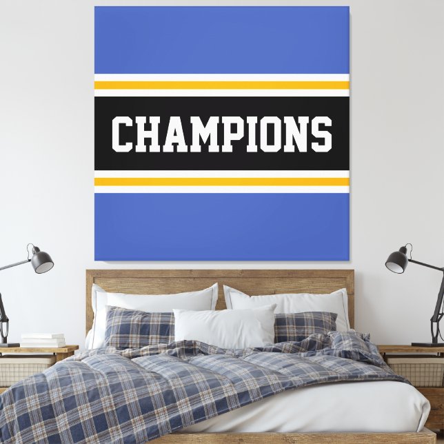 CHAMPIONS Athletic Blue Orange Black White Stripes Canvas Print (Insitu(Bedroom))