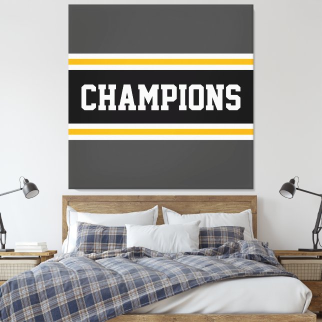 CHAMPIONS Athletic Gray Orange Black White Stripes Canvas Print (Insitu(Bedroom))