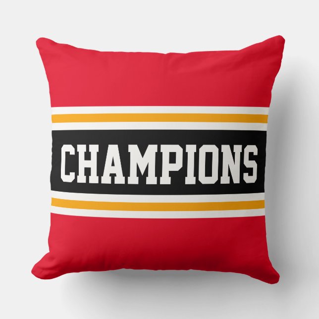 CHAMPIONS Bright Red Black Orange Athletic Stripes Throw Pillow (Front)