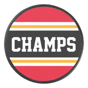 CHAMPS Bright Red Black Orange Sporty Stripes Hockey Puck