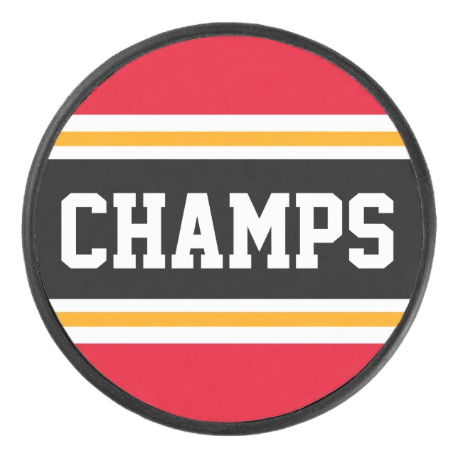 CHAMPS Bright Red Black Orange Sporty Stripes Hockey Puck (Front)