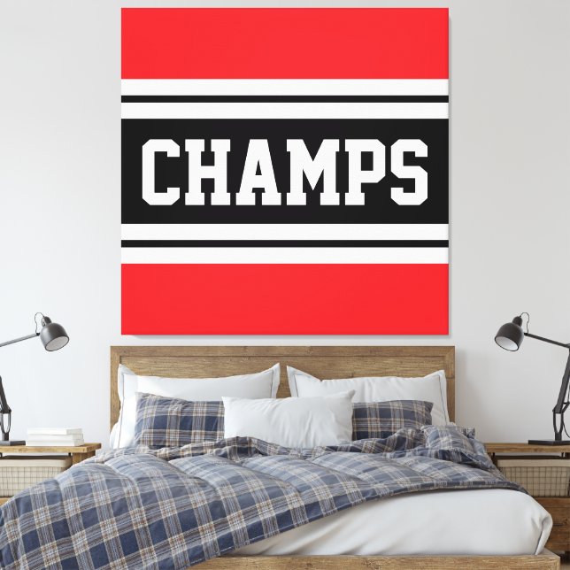 CHAMPS Bright Red Black White Racing Stripes Canvas Print (Insitu(Bedroom))