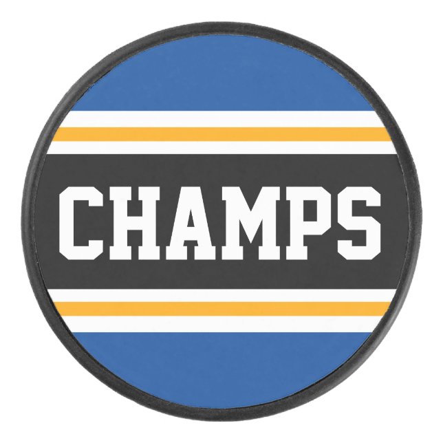 CHAMPS Fun Bold Blue Black Orange Racing Stripes Hockey Puck (Front)
